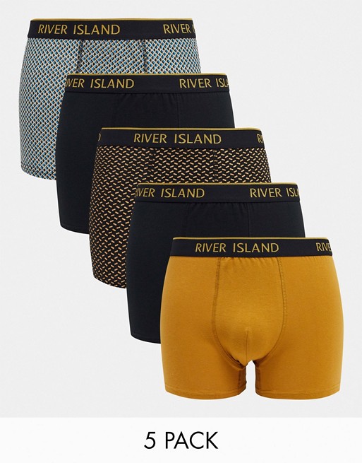 River Island 5 pack geo print trunks in mustard