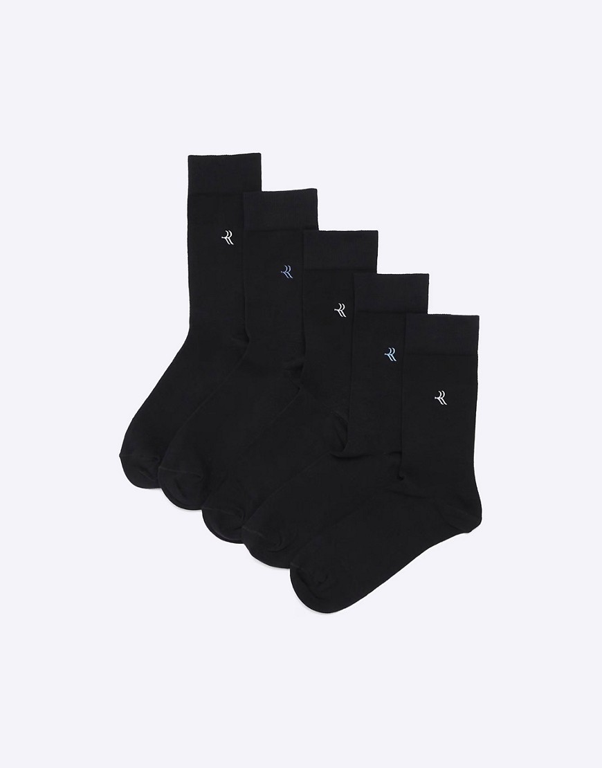 River Island 5 Pack Mix Embroidered Socks In Black