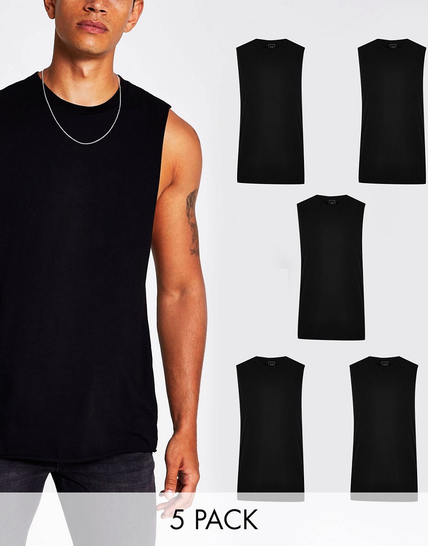 RIVER ISLAND 5 PACK MUSCLE FIT TANKS IN BLACK-WHITE,396363