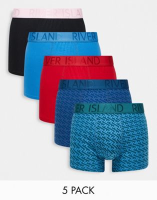 River Island 5 pack of trunks in navy geo