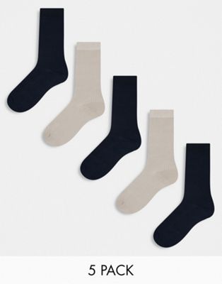 River Island 5 Pack Ribbed Ankle Socks In Brown In Multi