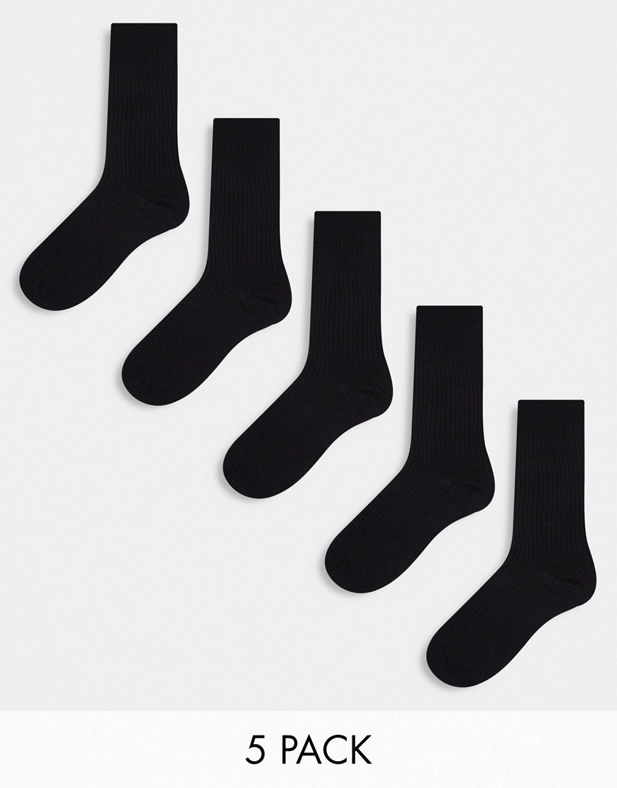 5 pack ribbed crew socks in black