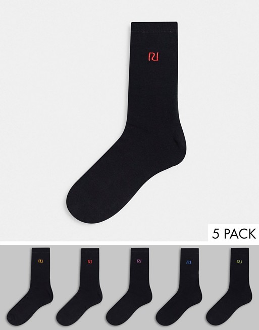 River Island 5 pack socks with embroidery in black