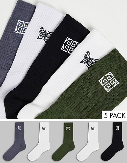 River Island 5 pack socks with icon embroidery in khaki
