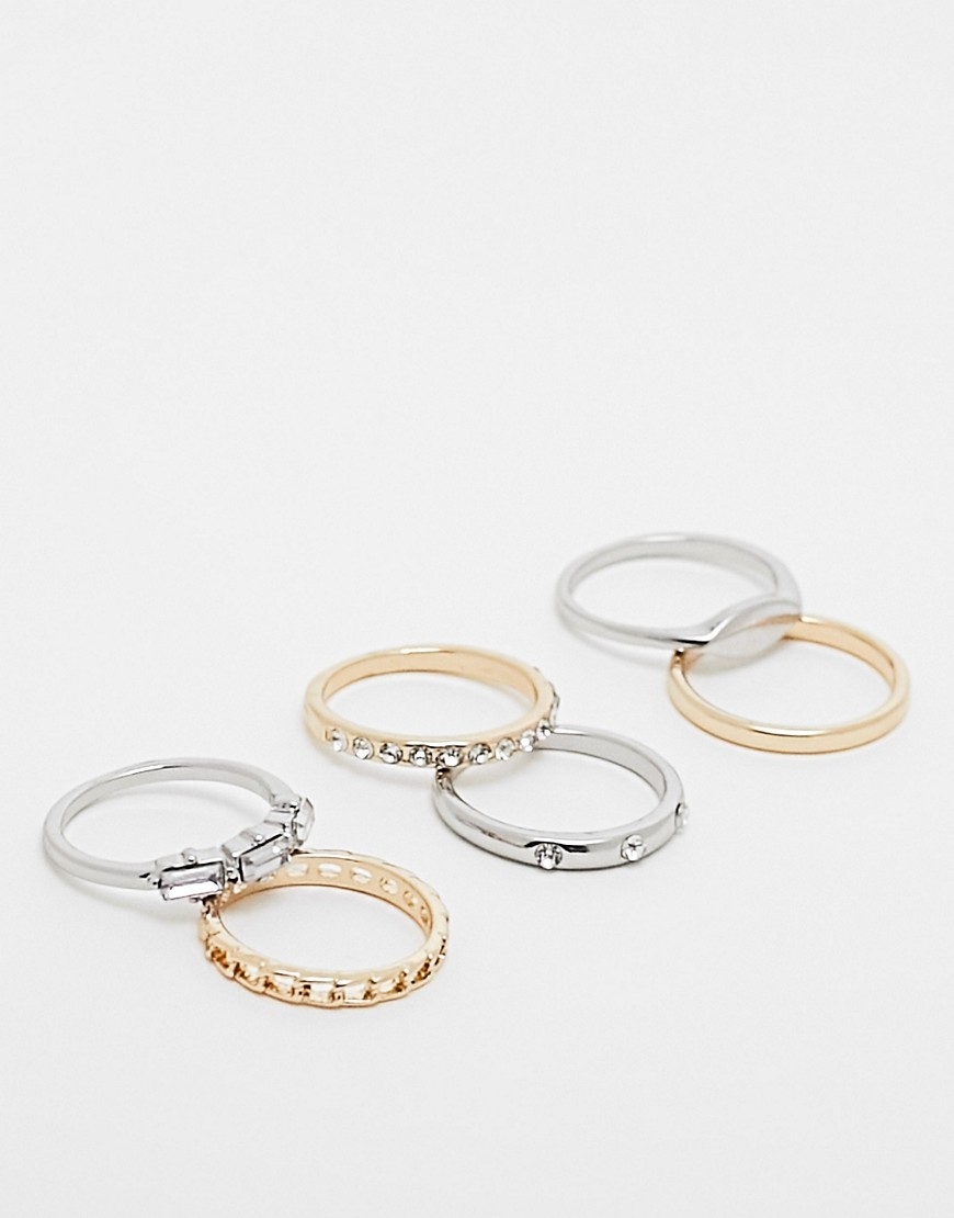 River Island 6 pack crystal rings in gold