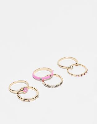 River Island 6 pack enamel and pave rings in pink and gold