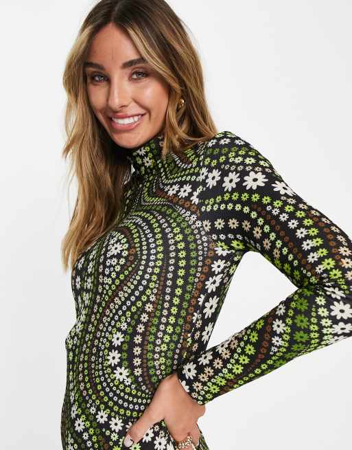 River Island 70s floral high neck mini dress in green, 2 of 4