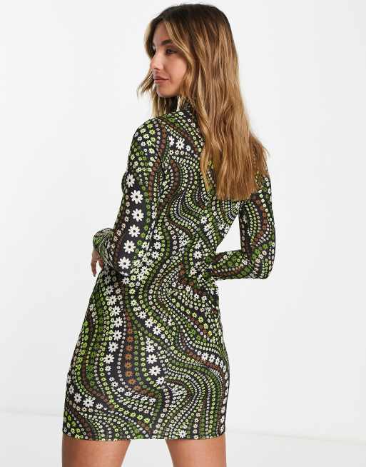 River Island 70s floral high neck mini dress in green, 3 of 4