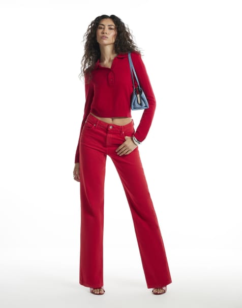 River Island 90s mid rise slim straight leg jeans in red - view 1