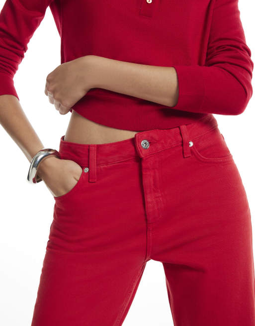 River Island 90s mid rise slim straight leg jeans in red, 2 of 4