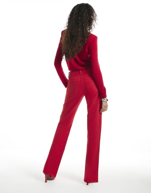 River Island 90s mid rise slim straight leg jeans in red, 4 of 4