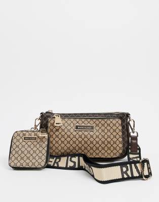 River Island Monogram Pouchette Cross Body Bag in Brown