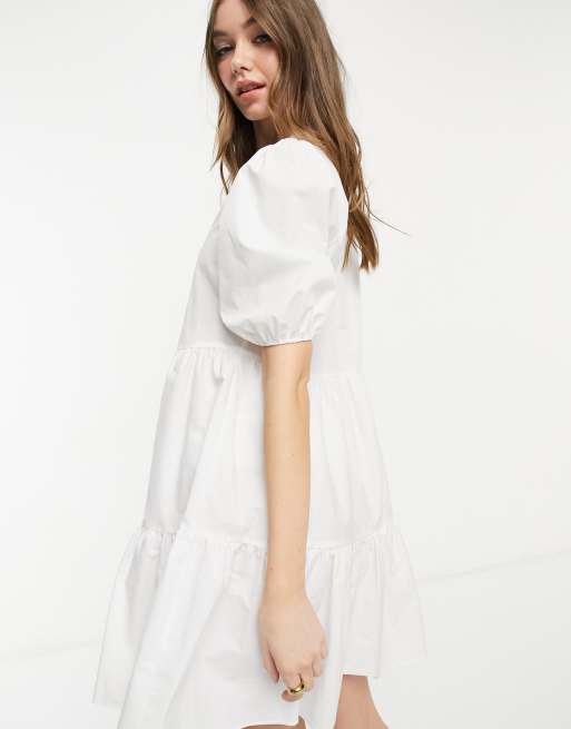 River Island - Aangerimpelde mini-overhemdjurk met volumineuze mouwen in wit, 2 van 4