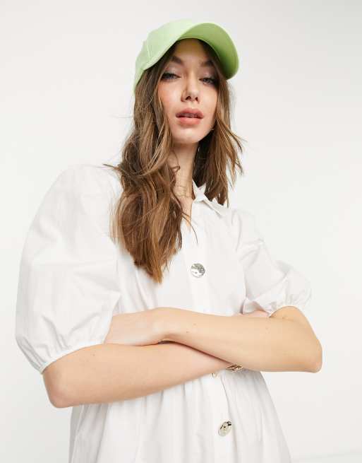 River Island - Aangerimpelde mini-overhemdjurk met volumineuze mouwen in wit, 3 van 4