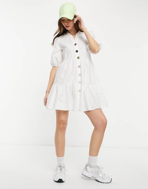 River Island - Aangerimpelde mini-overhemdjurk met volumineuze mouwen in wit, 4 van 4