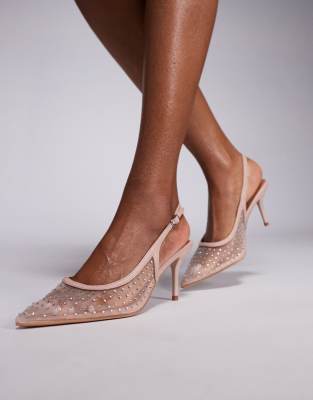 River Island - Absatz-Pumps in Hellbeige aus Netzstoff mit Fersenriemen und Strassbesatz-Neutral