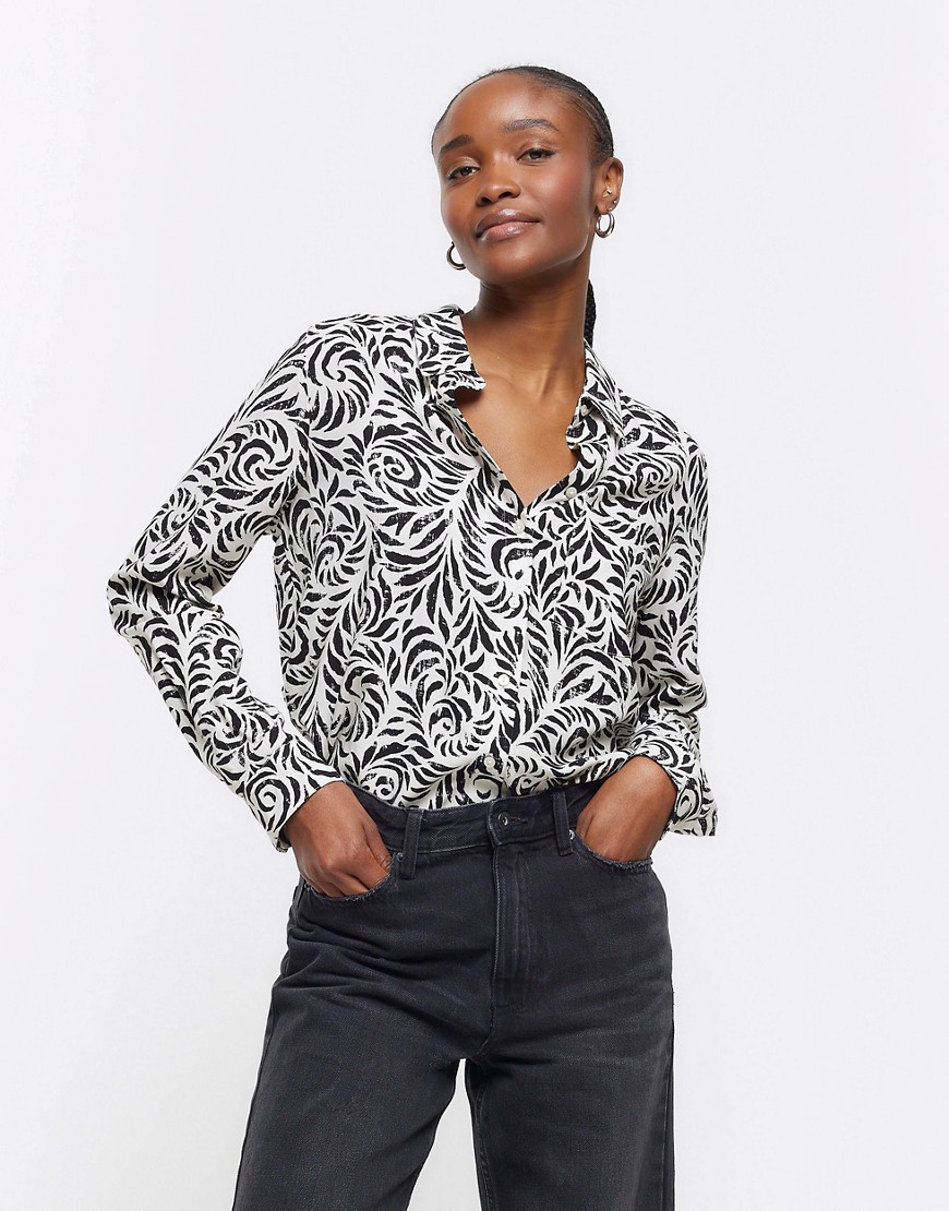 River Island Abstract long sleeve shirt in black