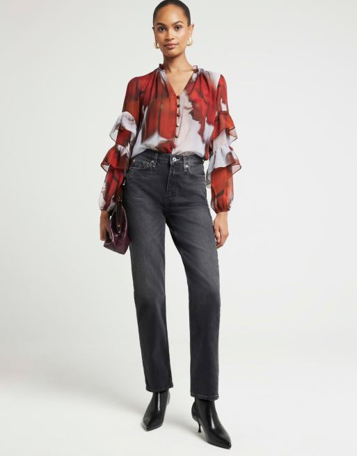River Island Abstract print frill blouse in red