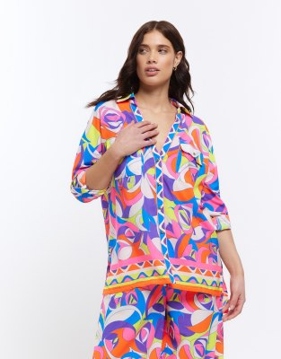 River Island Abstract Print Oversized Beach Shirt In Bright Blue