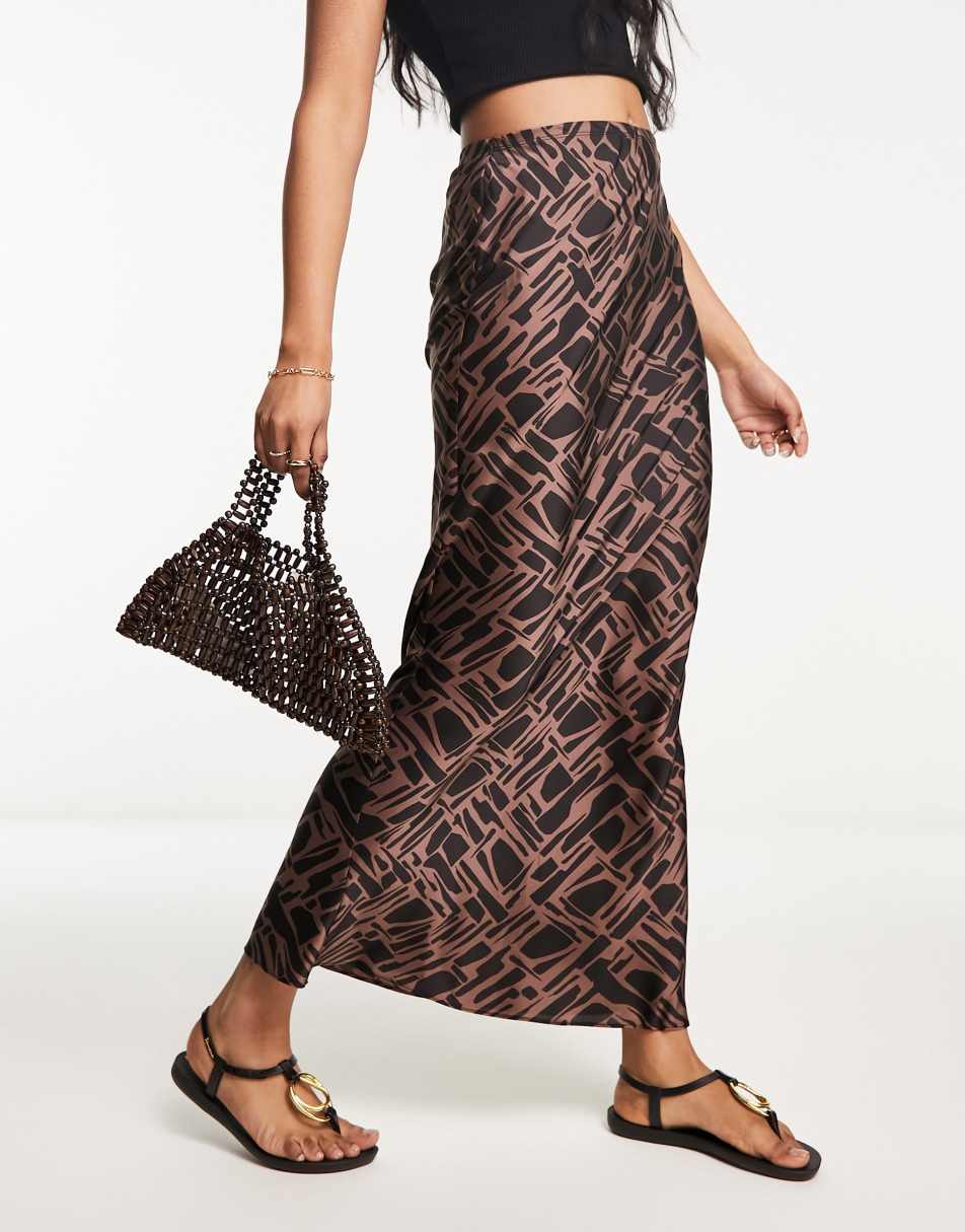 River Island abstract print satin slip skirt in brown, 1 of 4 