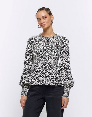 River Island Abstract shirred blouse in black
