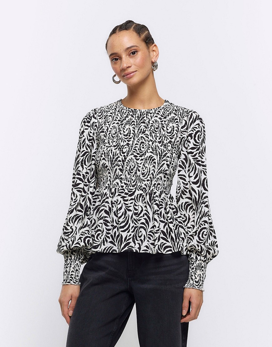 River Island Abstract shirred blouse in black