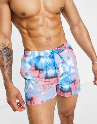 River Island abstract tie dye swim shorts in blue