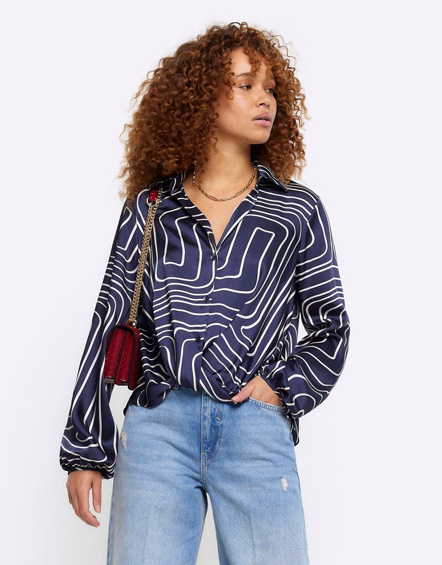 River Island Abstract wrap shirt in navy