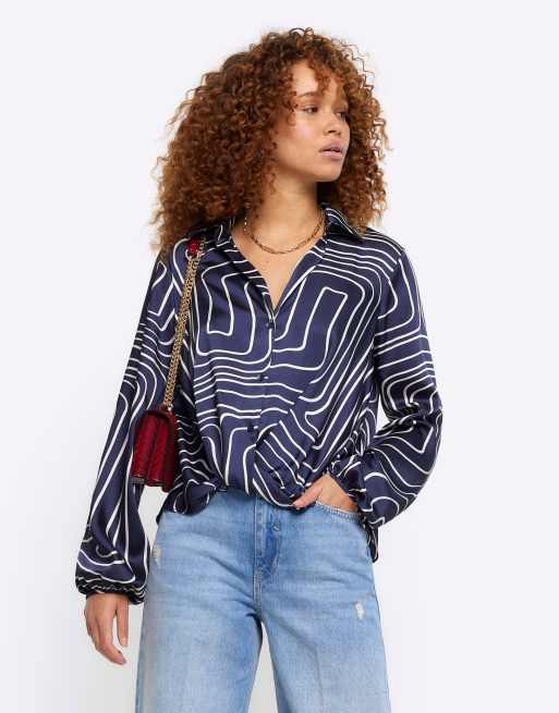 River Island Abstract wrap shirt in navy | ASOS