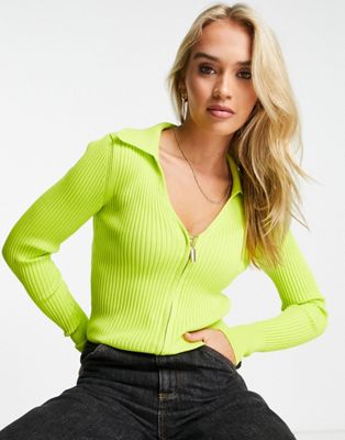 River Island abstract zip up polo jumper in lime