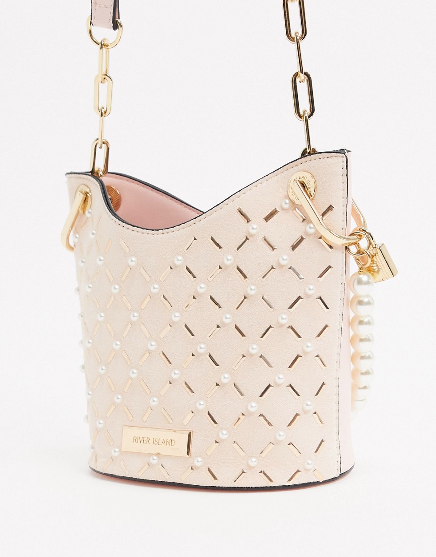River Island across body bag with faux pearl handle detail in pink