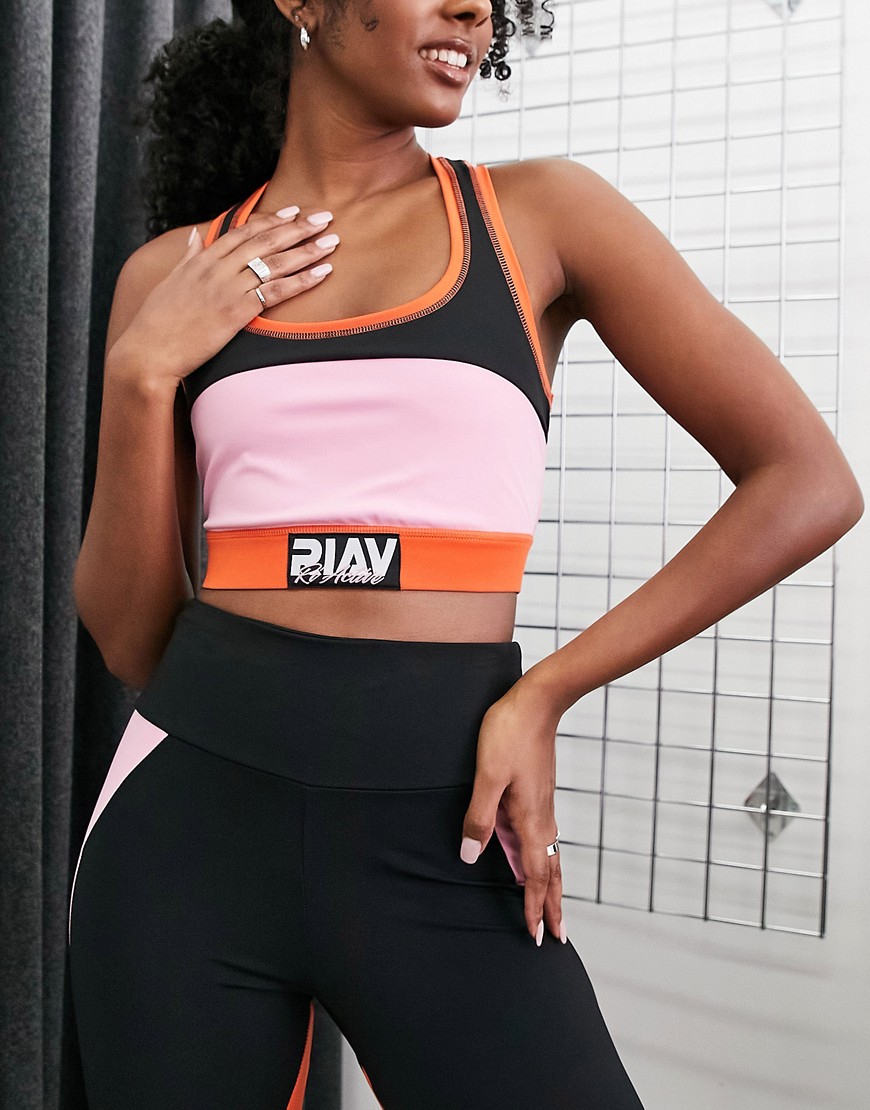 River Island Active co-ord colour block sports bra in black-Pink