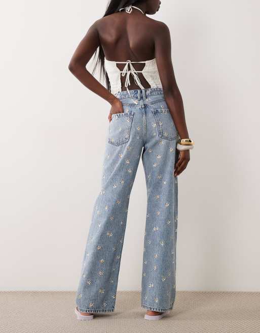 River Island - Afslappede blå jeans med lige ben og marguerit-broderinger, 2 af 5