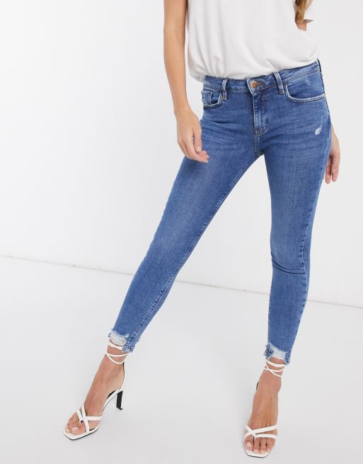 River Island Amelie Raw Hem Skinny Jeans In Mid Wash Asos