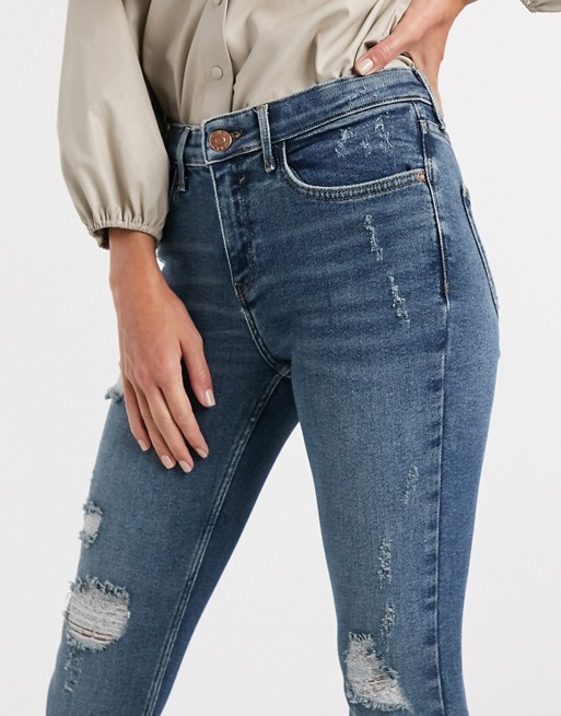 River Island Amelie ripped skinny jeans in mid wash blue