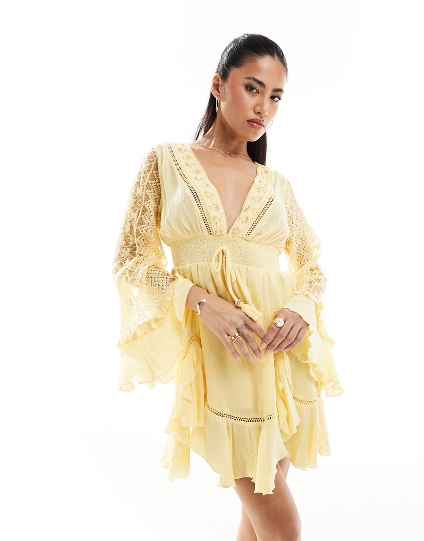 River Island angel sleeve frill mini dress in light yellow