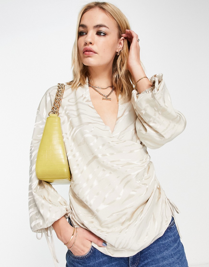 River Island animal jacquard ruched wrap satin blouse in beige-Neutral