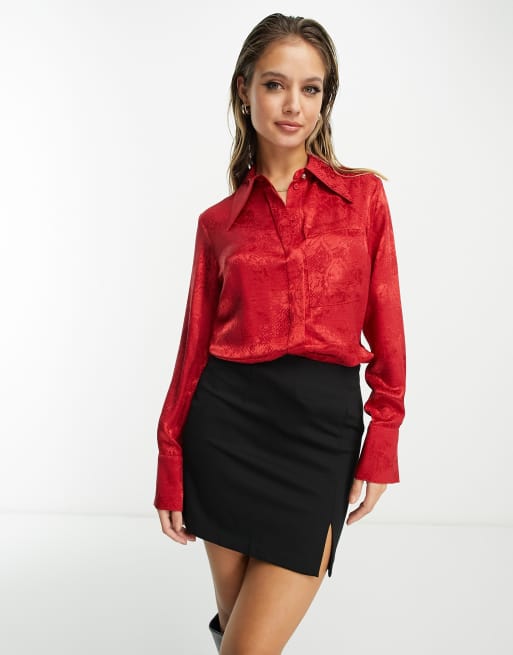 River Island animal jacquard satin shirt with long sleeves in red