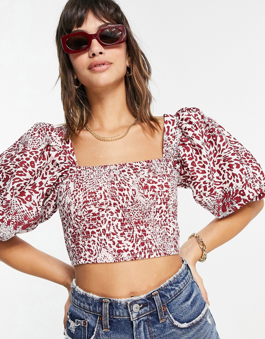 River Island animal print cropped puff sleeve top in red
