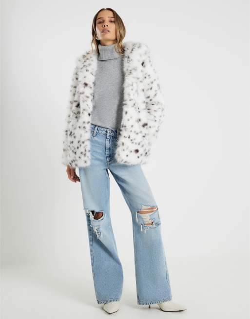 River Island Animal print hooded faux fur coat in white, 2 of 3