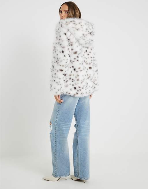 River Island Animal print hooded faux fur coat in white, 3 of 3