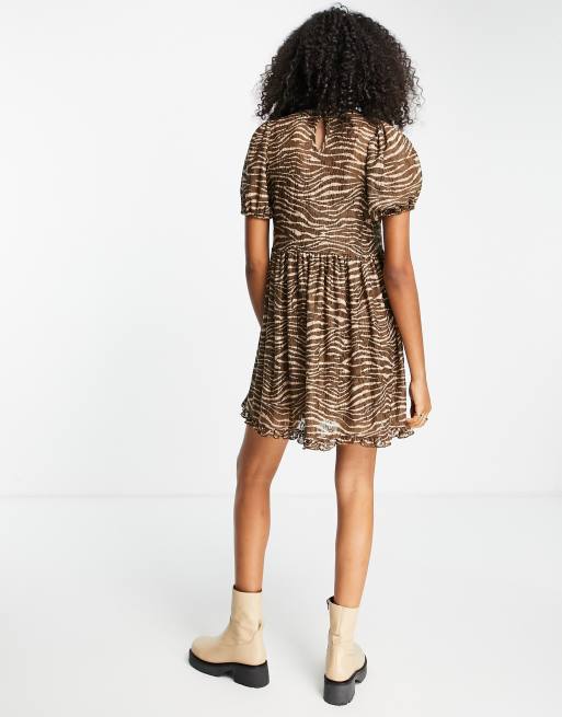 River Island animal print lace mini smock dress in brown, 3 of 4