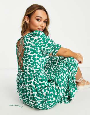 River Island animal print midi dress with tie back detail in green | ASOS