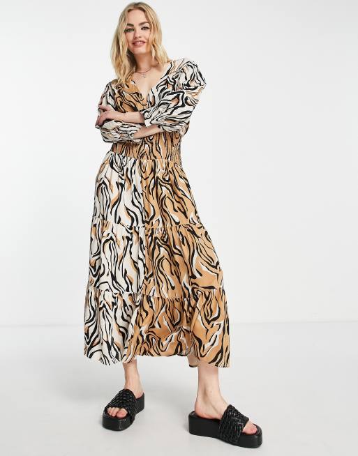 Curves Brown Zebra Print Shirred Midi Wrap Dress