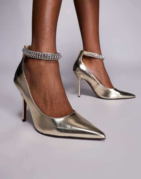 River Island ankle cuff embellished court heels in gold - view 1