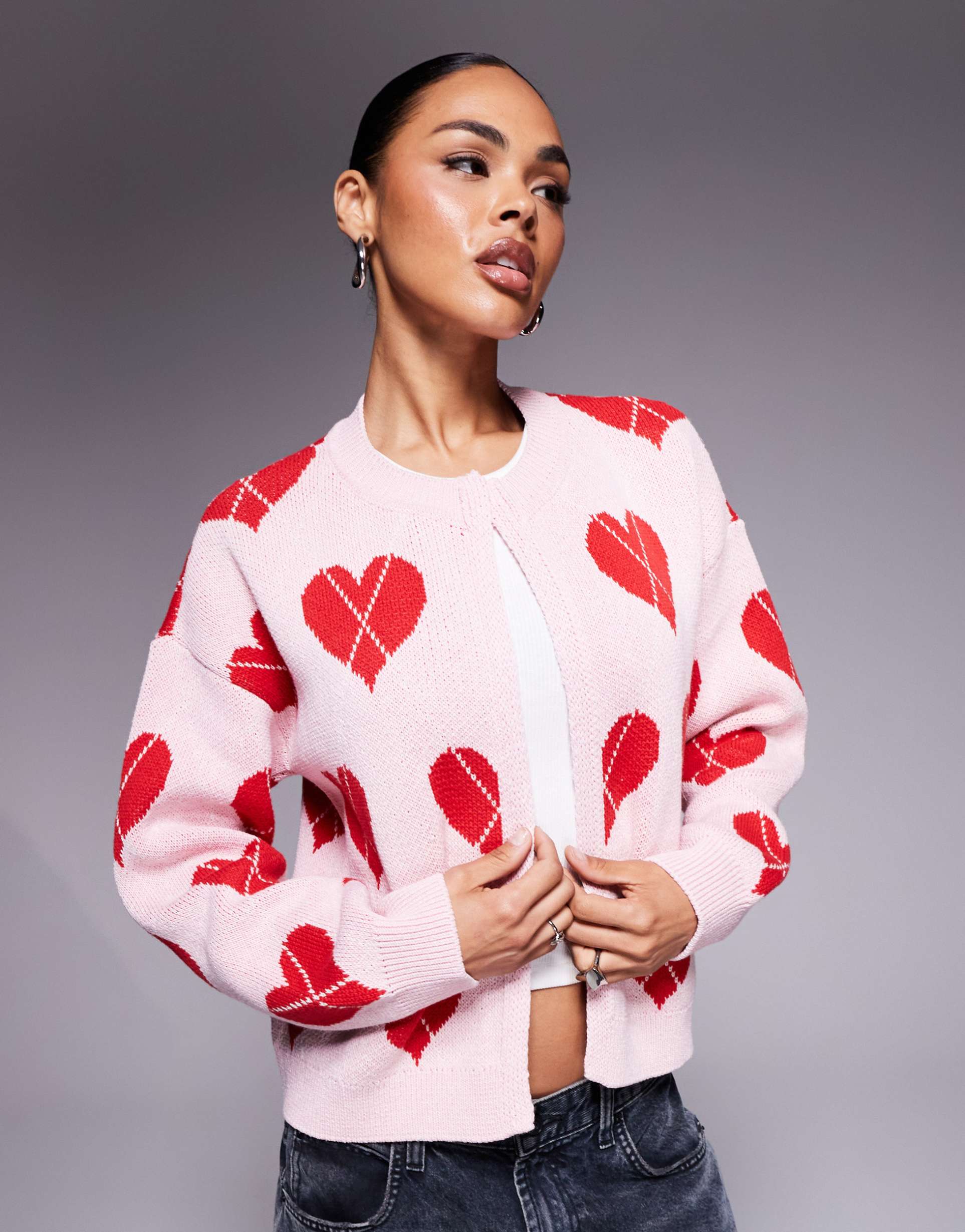 river island argyle cardigan in pink heart print