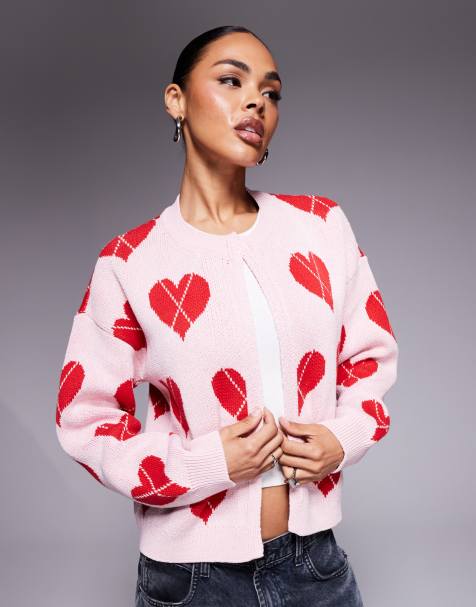 River Island Valentines argyle cardigan in pink heart print