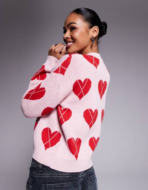 River Island argyle cardigan in pink heart print, 3 of 4