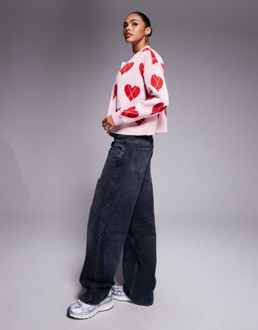 River Island argyle cardigan in pink heart print ASOS