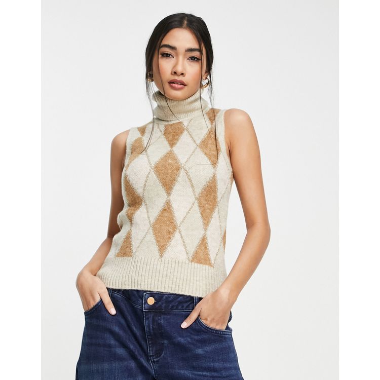 River Island argyle check sleeveless roll neck knit vest in beige